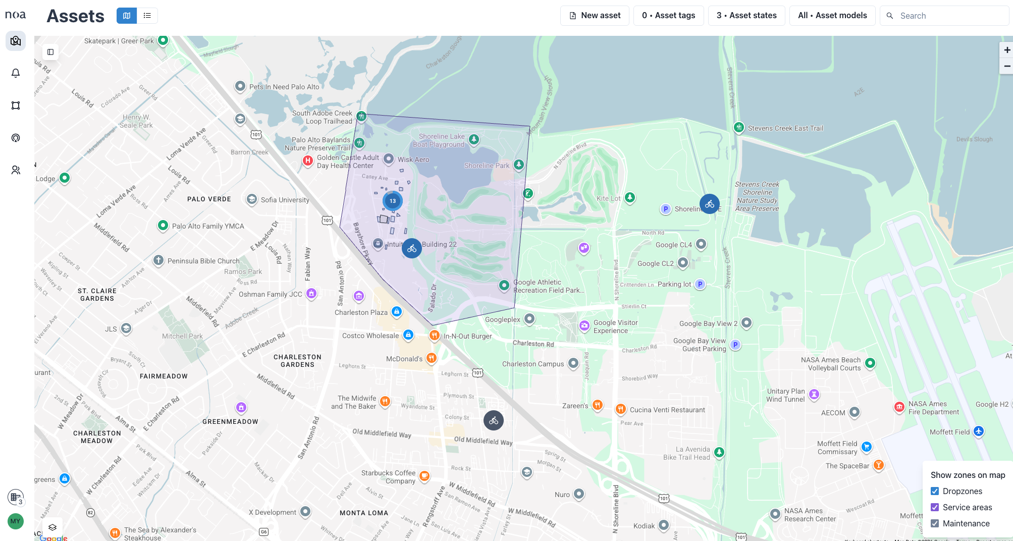 NOA Commute Dashboard - Assets view with zone management