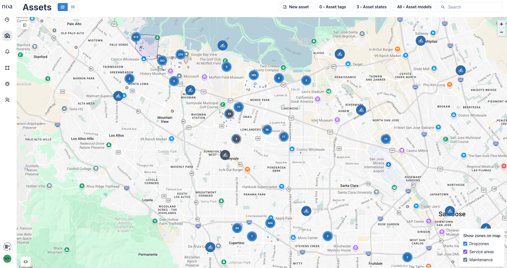 NOA Fleet Management Dashboard - Assets map view with real-time bike locations
