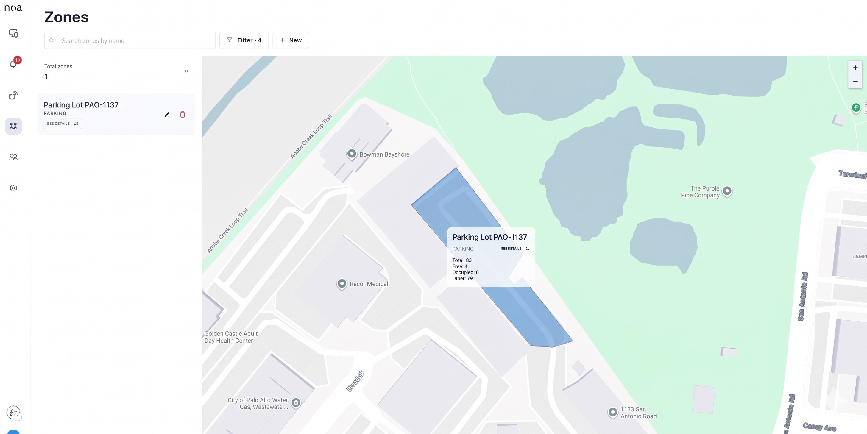 NOA Parking Occupancy Dashboard - Zones view with real-time occupancy